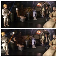 The remote dances before Luke, sparing with him and firing laser beams as it attacks. Luke tries to deflect it a bolt with his lightsaber but misses. It hits him in the leg and he looses his stance as he snaps back in pain. Han lets loose with a burst of laughter. #starwars #anhwt #toyshelf